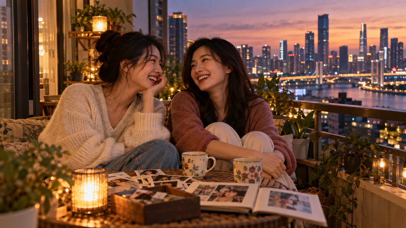 两位女性朋友城市夜晚相聚原创配图